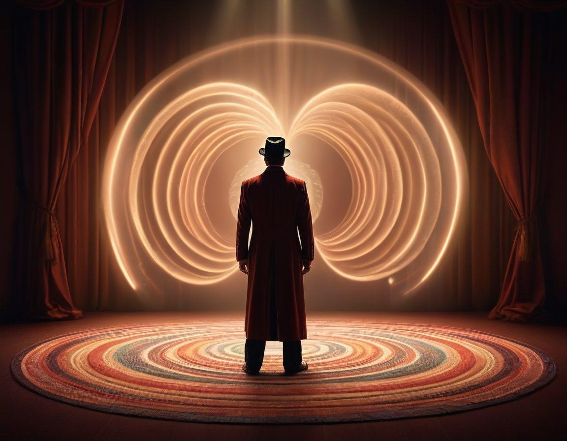 A theater stage transitioning into a serene therapy room, with a male figure in the center, half-dressed as a classic magician and half in a therapist's attire. Hypnotic spiral patterns in the background, symbolizing the connection between performance and therapy. Dual lighting, warm spotlight on the stage side and soft calming light on the therapy side. super-realistic. vibrant colors.
